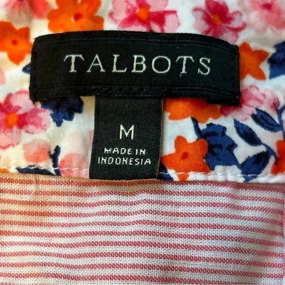 Talbots‎ Floral Popover Blouse Womens Medium Long Sleeve Orange Pink Navy EUC - Picture 3 of 6